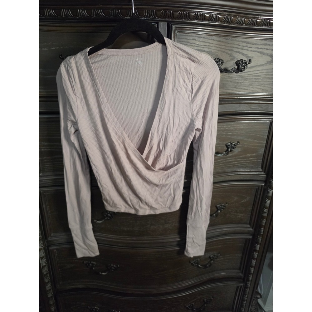 OFFLINE by Aerie Ribbed Wrap Front Long Sleeve Top Mauve Pink XS